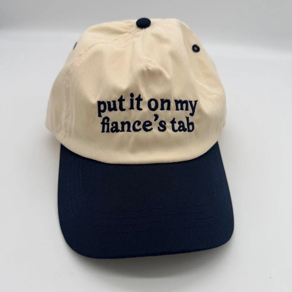Put It On My Fiance's Tab Baseball Cap Tan Navy Blue Adjustable Dad Hat